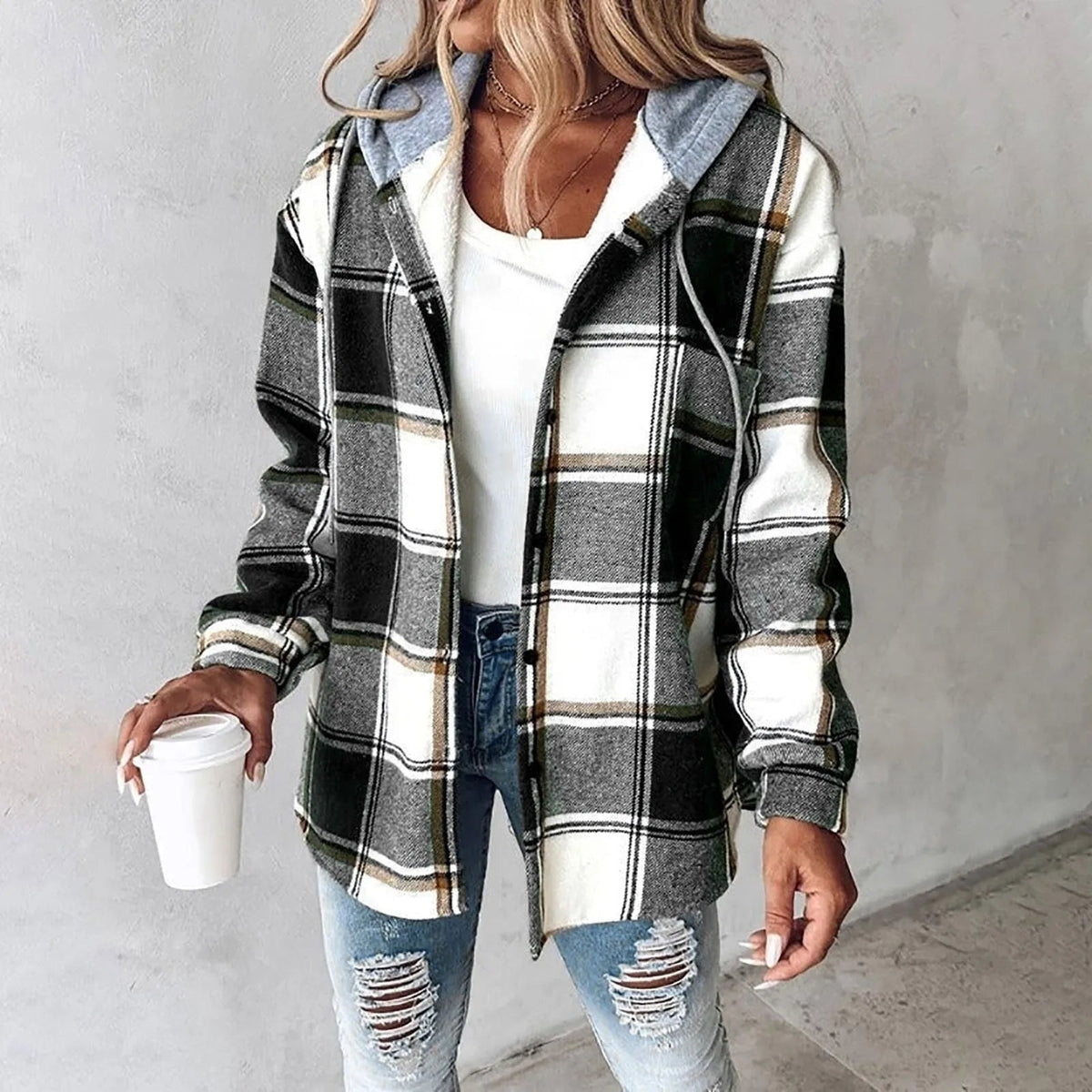 Plaid Flannel Shacket Women Hooded - View 4