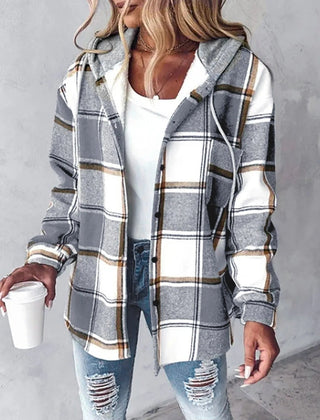 Plaid Flannel Shacket Women Hooded - View 5