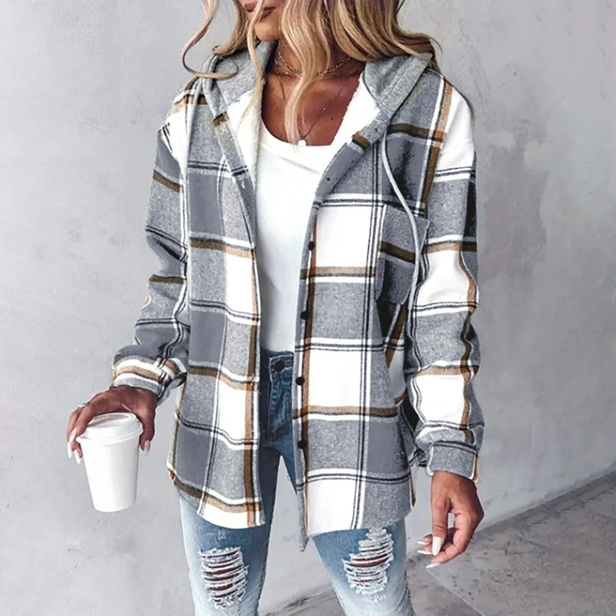 Plaid Flannel Shacket Women Hooded - View 5