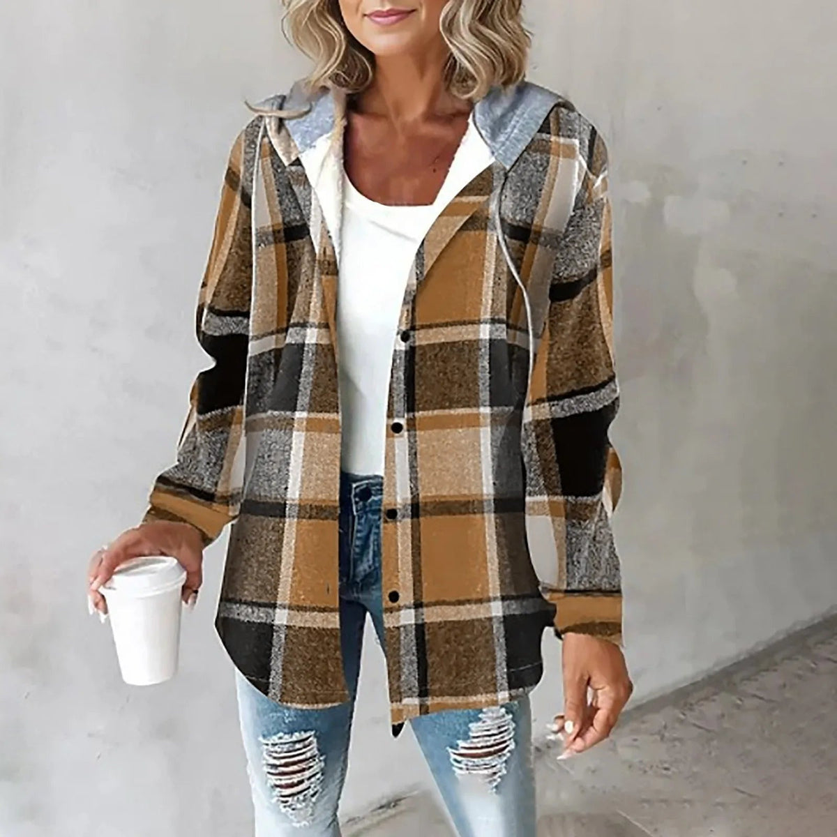 Plaid Flannel Shacket Women Hooded - View 6