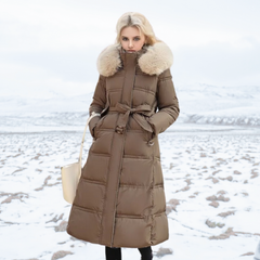 Belted Long Puffer Coat With Fur Hood