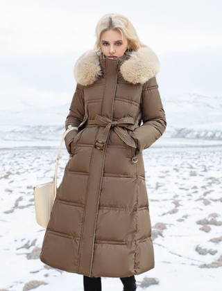 Belted Long Puffer Coat With Fur Hood