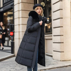 Belted Long Puffer Coat With Fur Hood - View 11