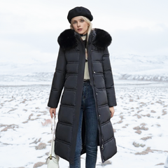 Belted Long Puffer Coat With Fur Hood - View 2