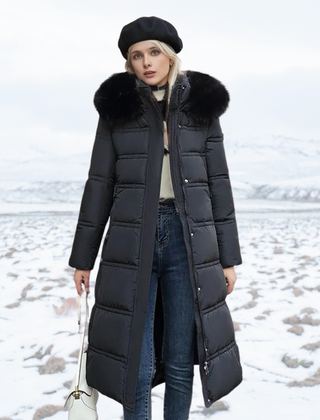Belted Long Puffer Coat With Fur Hood - View 2