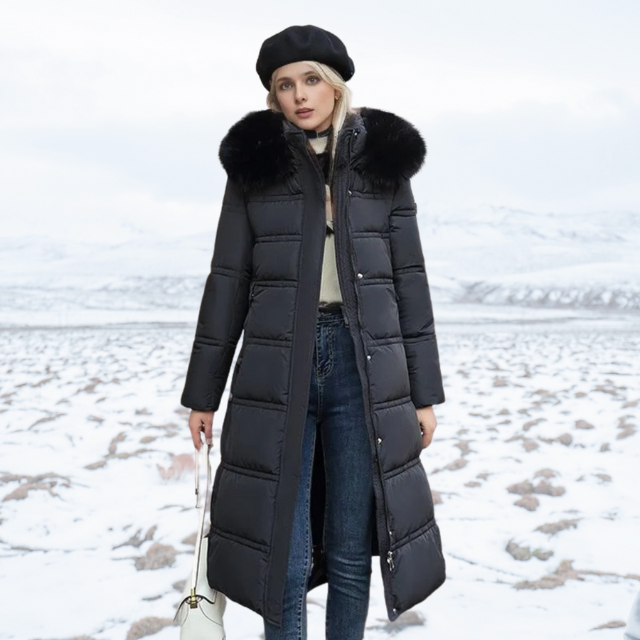 Belted Long Puffer Coat With Fur Hood - View 2