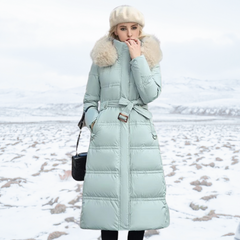 Belted Long Puffer Coat With Fur Hood - View 3