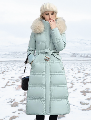 Belted Long Puffer Coat With Fur Hood - View 3