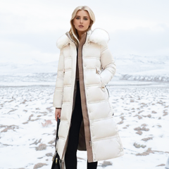 Belted Long Puffer Coat With Fur Hood - View 4