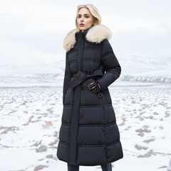 Belted Long Puffer Coat With Fur Hood - View 5