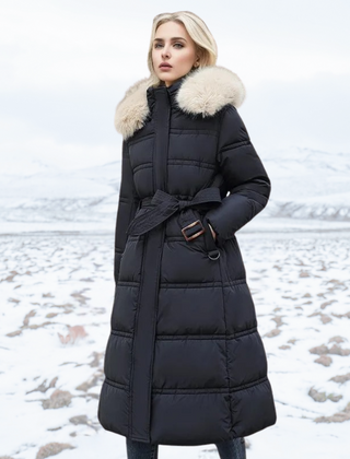 Belted Long Puffer Coat With Fur Hood - View 5