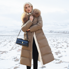 Belted Long Puffer Coat With Fur Hood - View 6