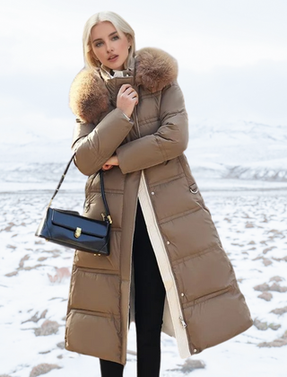 Belted Long Puffer Coat With Fur Hood - View 6