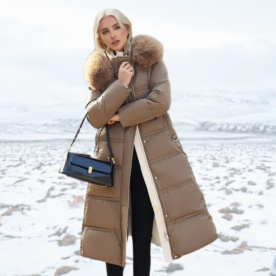 Belted Long Puffer Coat With Fur Hood - View 6