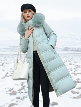 Belted Long Puffer Coat With Fur Hood - View 7