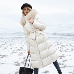 Belted Long Puffer Coat With Fur Hood - View 8