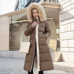 Belted Long Puffer Coat With Fur Hood - View 9
