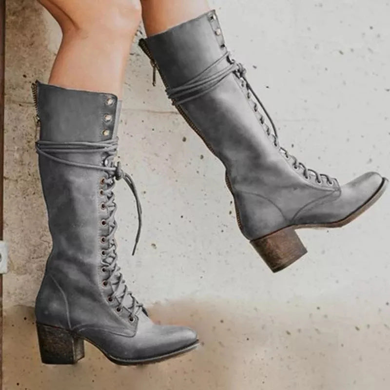 Lace Up Mid Calf Boots Women Heeled - View 2