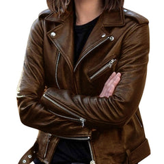 Womens Leather Biker Jacket Winter - View 4