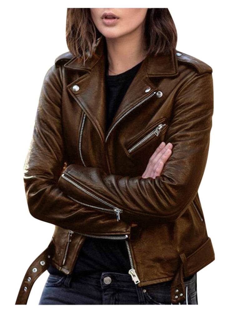 Womens Leather Biker Jacket Winter - View 4