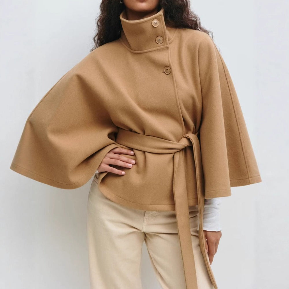 Belted Wool Cape Coat For Women