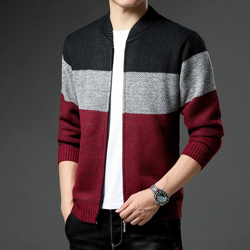 Mens Colour Block Zip Cardigan Sweater