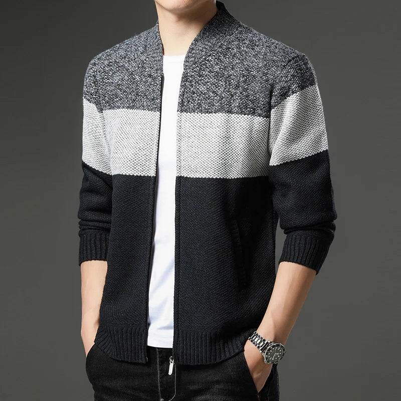 Mens Colour Block Zip Cardigan Sweater - View 2