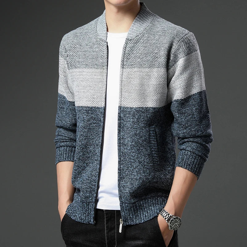 Mens Colour Block Zip Cardigan Sweater - View 3