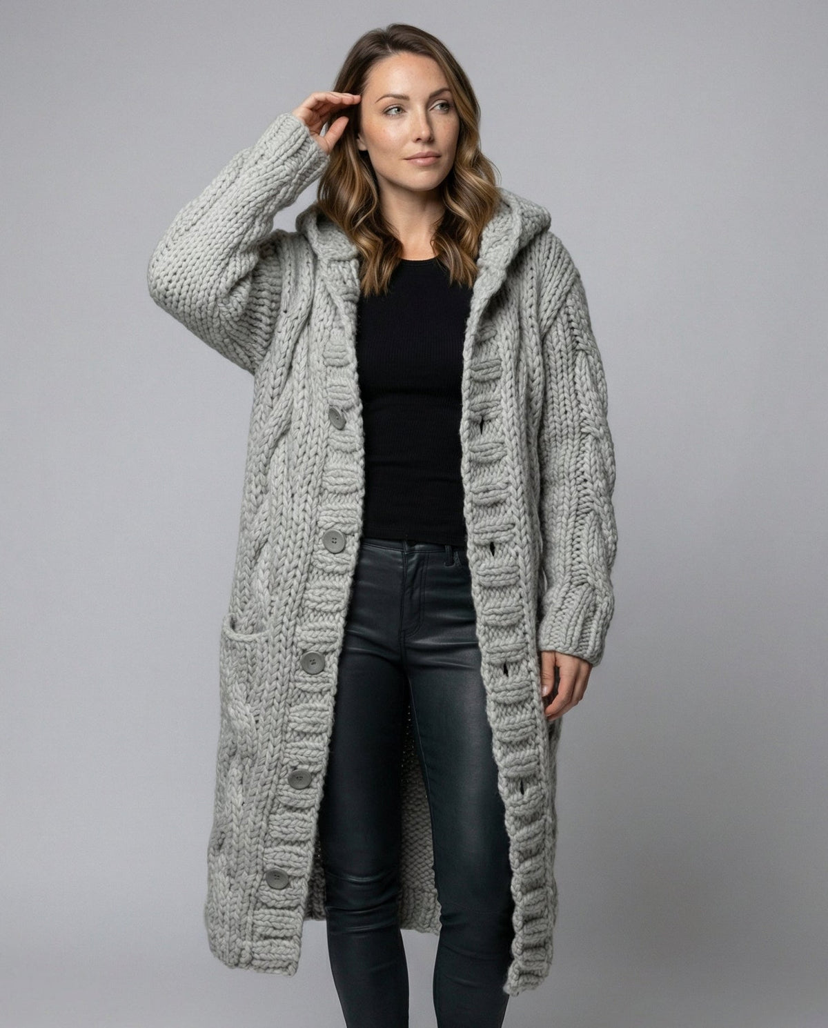 Long Hooded Cardigan Women Chunky Knit