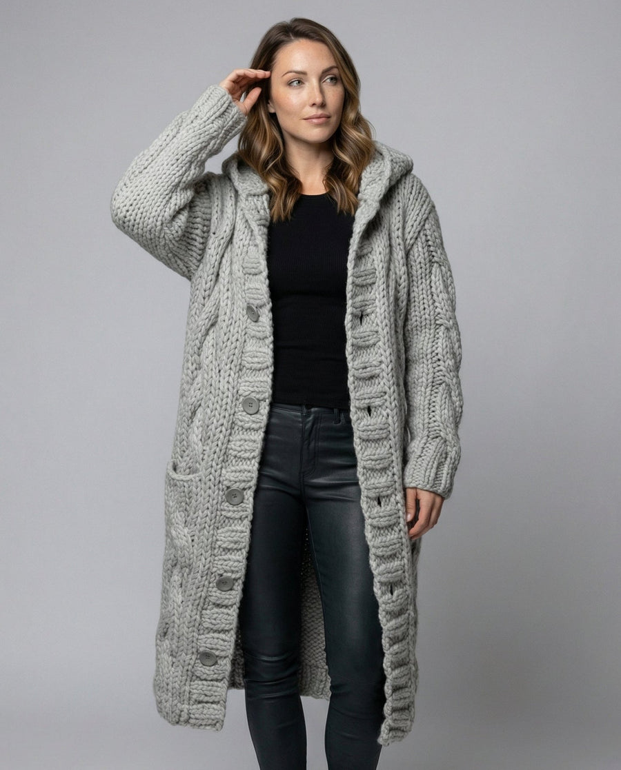 Long Hooded Cardigan Women Chunky Knit