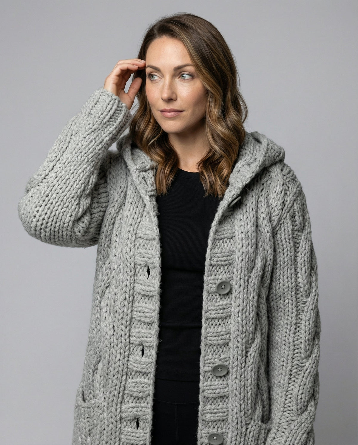 Long Hooded Cardigan Women Chunky Knit - View 2