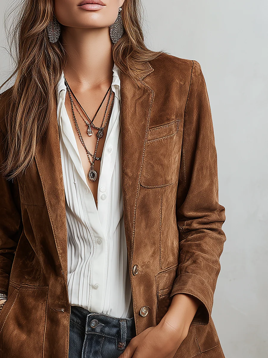 Womens Suede Blazer Jacket - View 4
